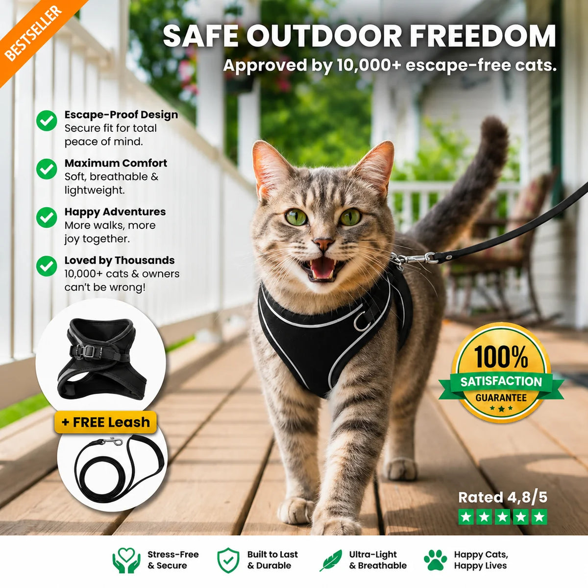 Escape-Proof Cat Harness + Leash — Reflective Vest